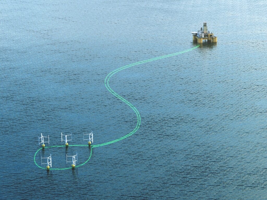 offshore oil platform in the water from above