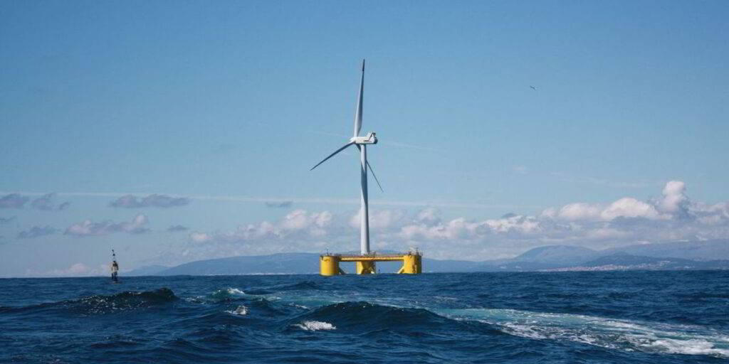 WindFloat 1, a floating wind turbine foundation demonstration project that ran from 2011 to 2016, photographed at sea.