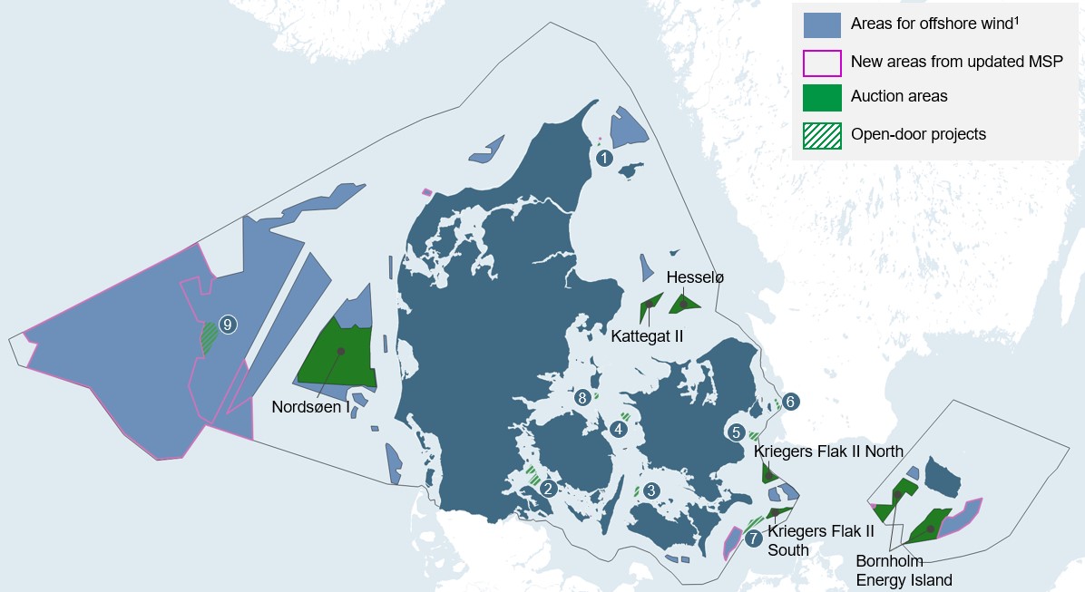 HIGH FIVE: Denmark's Nordsøen 1, Kattegatt2, Kriegers Flak 2 and Hesselø zones and the Bornholm energy island will be basis for 9-14GW in offshore wind auctions (IMAGE: Aegir Insights)