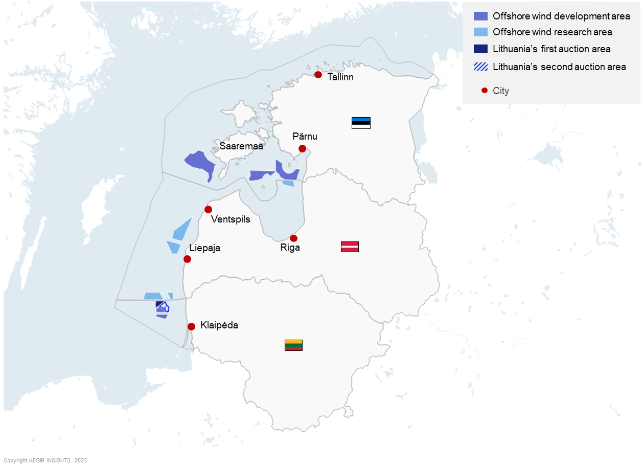 Overview of the most attractive areas in the Baltic states for offshore wind development based on site conditions and proximity to port and demand centers