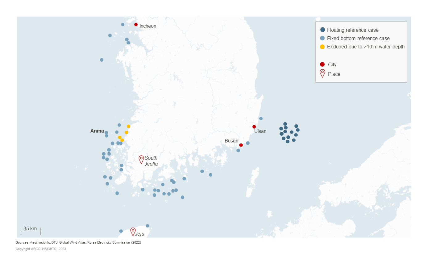 Offshore wind project in South Korea: Map of South Korea showing the location of 60 project sites for both floating and fixed-bottom off the country.