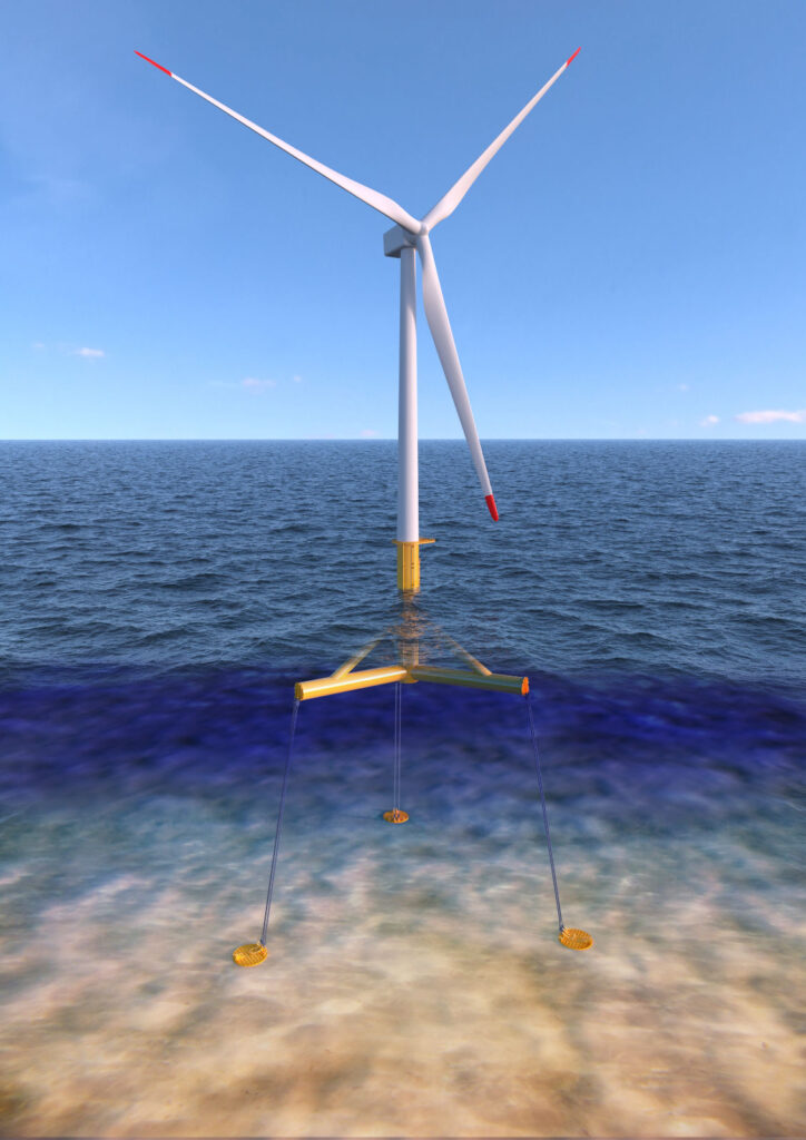 Rendering of a floating wind turbine, showing the ankering on the seabed. Wind4Float unit.
