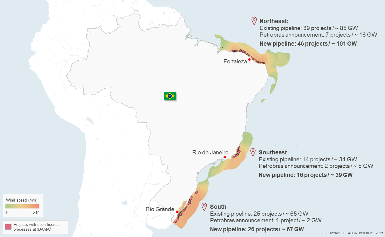 Visualization of Brazil's offshore wind project pipeline. Brazil’s offshore wind pipeline swells to more than 200 GW after national oil firm Petrobras announces ten giant projects across the three active offshore wind areas.
