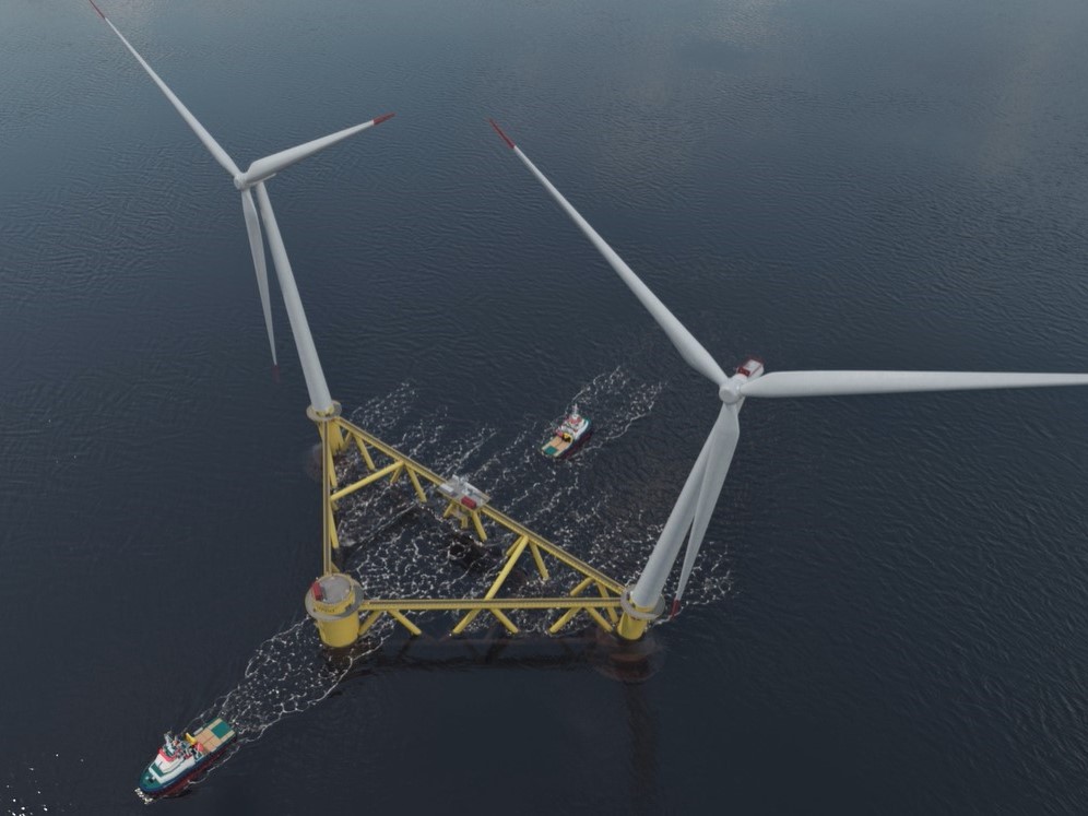 Spotlight on floating wind and the energy transition in the Celtic Sea. Picture of TwinWind towers being towed.