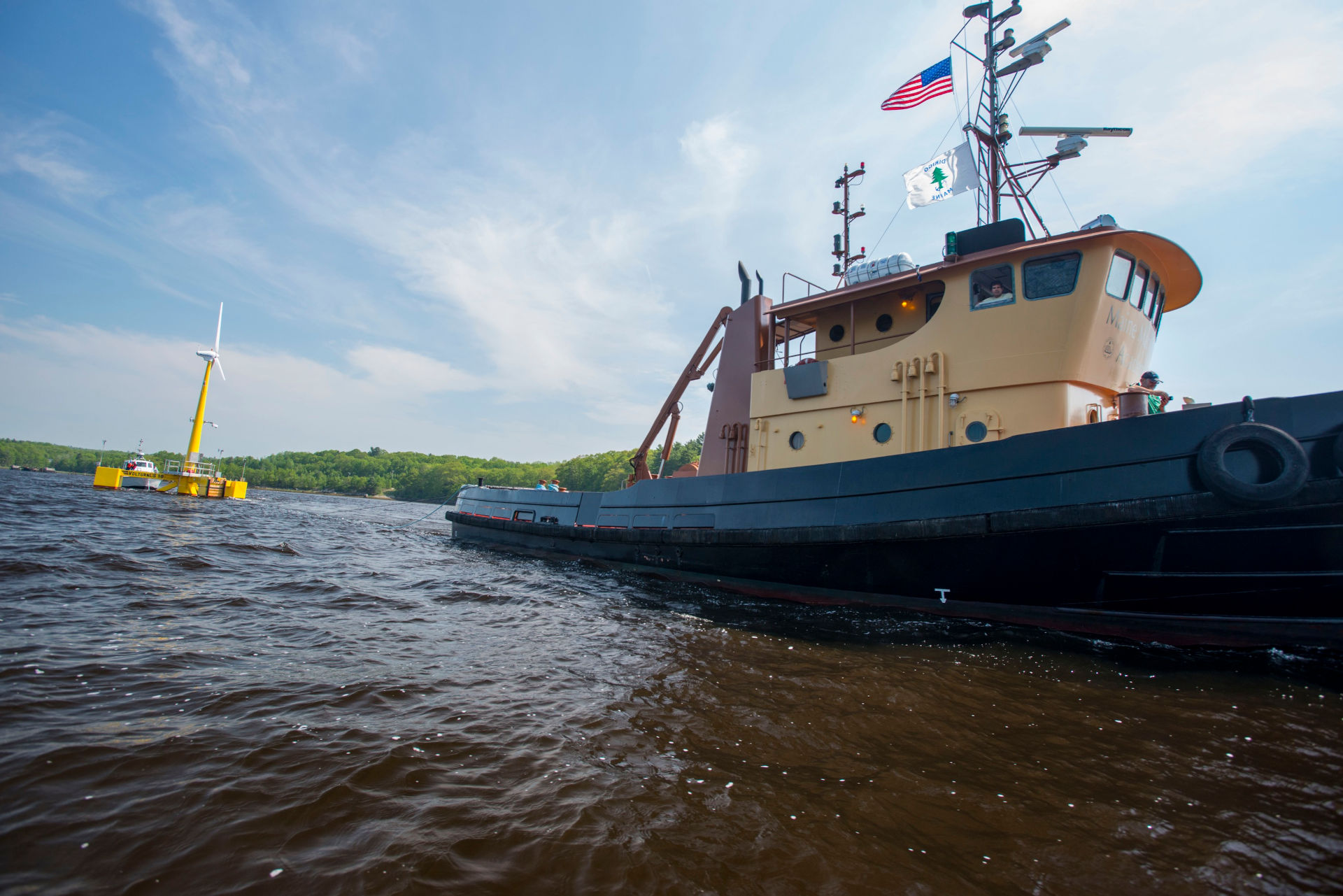 the 1:8 VolturnUS prototype, seen here during tow-out in 2013, is being scaled up for 15MW turbines at the Maine Floating Wind Research Array