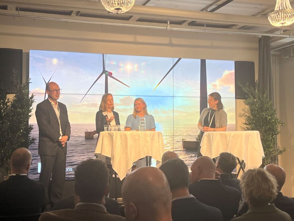 CCO Rikke Nørgaard joining Astrid Bergmål, State Secretary at the Norwegian Ministry of Energy, on stage at Aker Solutions’s event to share insights on the outlook for floating offshore wind during WindEurope 2025 Copenhagen.