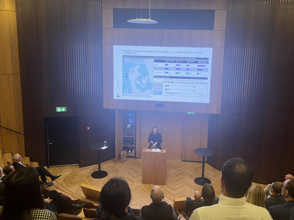 Signe Tellier Christensen, Aegir Insights speaking on Denmark's recently launched 3 GW auction at Danish Climate and Energy Law Society event, Copenhagen